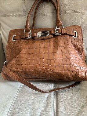 Michael Kors Croc-Textured Leather Satchel in Cognac Brown